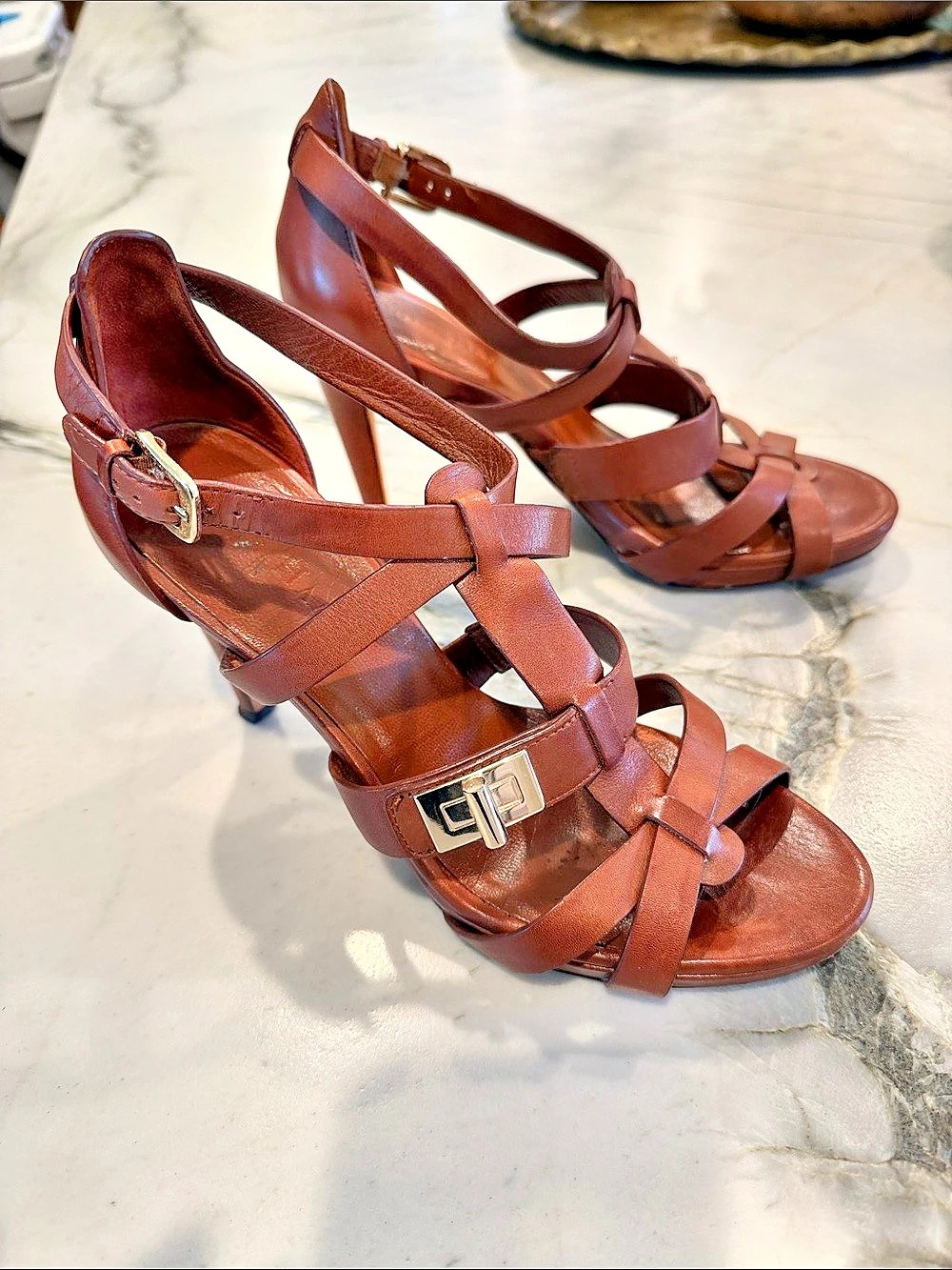 Cole Haan Carmel/Mahogany Brown Strappy Heels US 6